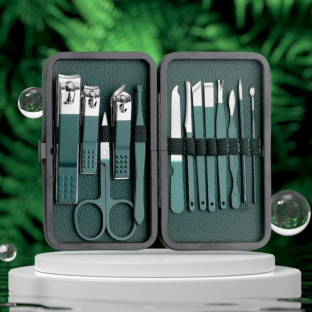 Green 7/13/24 Pcs Stainless Steel Nail Cutter and Pedicure Scissors Set - Portable Manicure and Pedicure Tool Nail Clipper Set