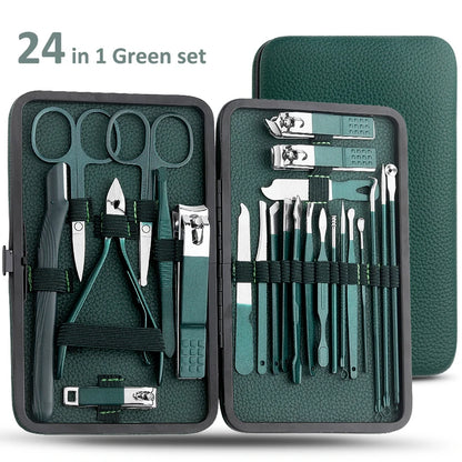 Green 7/13/24 Pcs Stainless Steel Nail Cutter and Pedicure Scissors Set - Portable Manicure and Pedicure Tool Nail Clipper Set